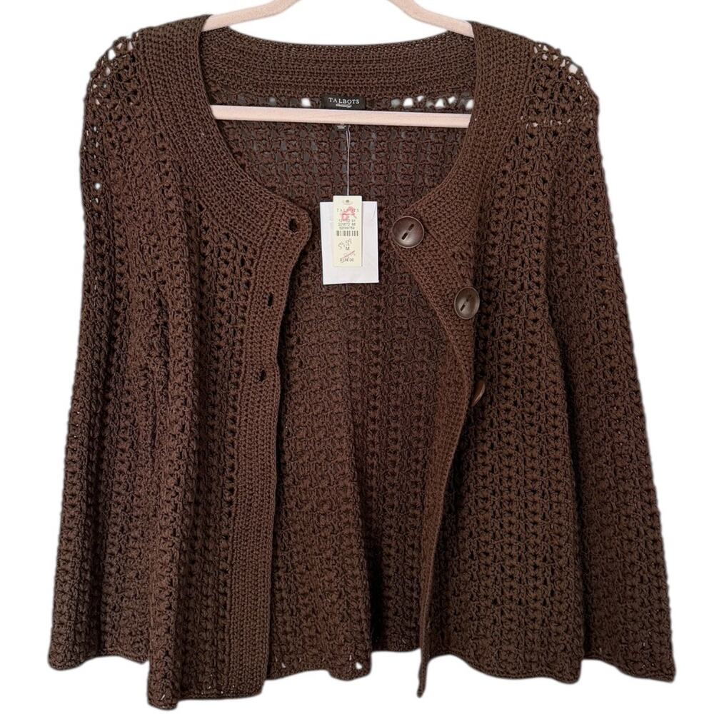 Talbots Hand-Knit Crochet Cardigan Women’s Medium Chocolate Brown Fall NEW - Picture 4 of 5
